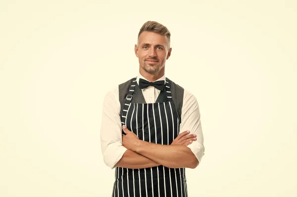 Happy Chef Cook Apron Bow Keeping Arms Crossed Isolated White — Foto Stock