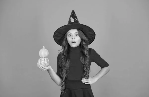 surprised girl in witch hat costume to halloween with small yellow pumpkin, happy halloween party.