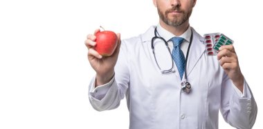 man recommend fructose isolated on white. concept of fructose. nutritionist with fructose. copy space.