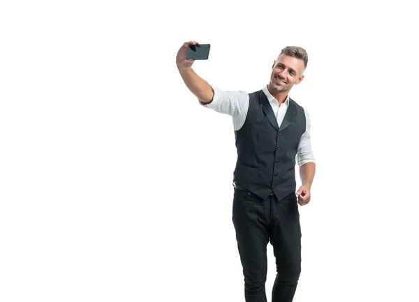 Happy Professional Guy Suit Vest Making Videochat Using Smartphone Isolated — Stockfoto