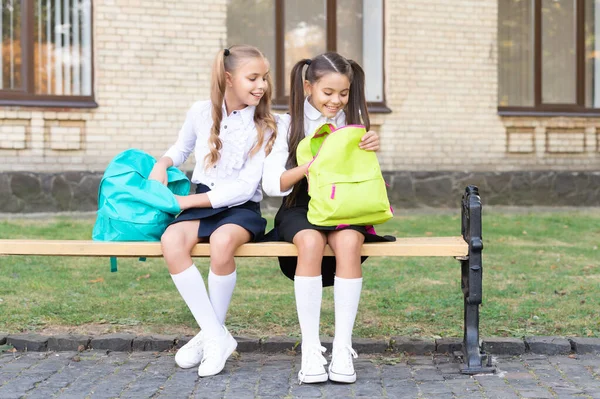 Curious Two School Girls Friends Sit Bench Backpack Together — 图库照片