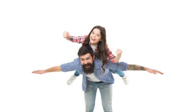 Child enjoy game with father. Parenthood fun. Fathers day. Active leisure concept. Best father ever. Support and upbringing. Father and daughter play planes. Kid play game fly plane wide apart hands.