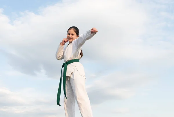 Karate Concept Teen Girl Practicing Karate Cheerful Girl Karate Fighter — 图库照片