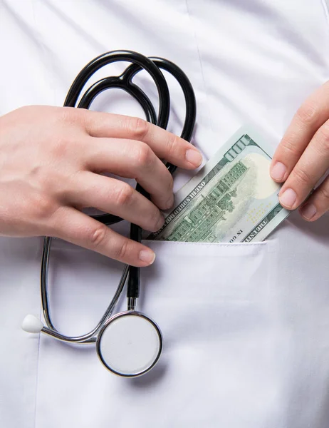 Money Dollars Banknotes White Coat Pocket Stethoscope Money Salary Healthcare — Photo