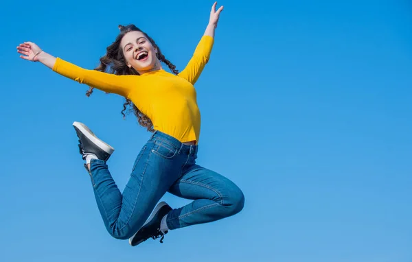 Happy Teen Girl Jump High Sky Background Copy Space — Stock Photo, Image