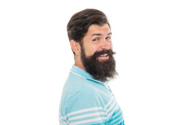 Portrait of bearded guy. Unshaven guy with smiling face. Happy guy with beard and mustache isolated on white.
