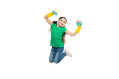 Housekeeping duties. Household concept. Helpful daughter. For sparkling results. Cleaning with sponge. Cleaning supplies. Girl wear protective gloves for cleaning hold sponges white background.