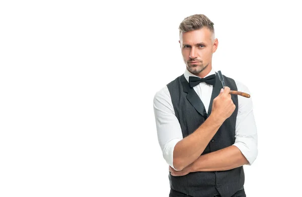 Man Barber Razor Blade Bow Tie Isolated White Background Copy — 图库照片
