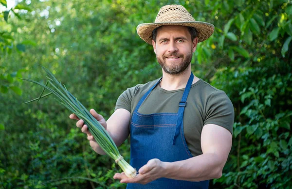 man greengrocer in straw hat with green onion vegetable.