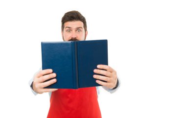 surprised man husband learn cooking. Culinary school. menu planning. shocked chef in apron dont know what to do. catering business. seating plan. man with recipe book. cafe and restaurant opening.