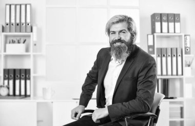 Yönetim becerileri. Modern ofisteki girişimci. Başarılı sakallı CEO. Harika kararlar veriyor. Bölüm başkanı. İş yerinde müdür. Sonuçlarını düşün. Üst düzey yönetici. İş başarısı.