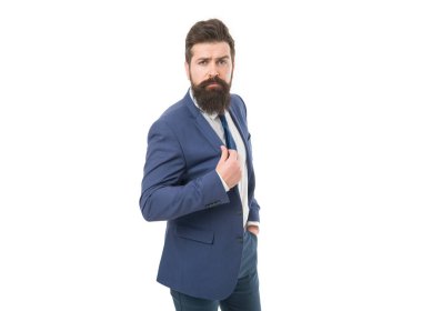 ceo. bearded businessman ceo in formal suit. hipster ceo with beard has own business. modern business success. office life. brutal boss man isolated on white. serious ceo ready for business meeting.