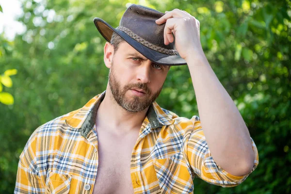 portrait of man in cowboy hat. sexy cowboy in checkered shirt. western cowboy wearing hat.