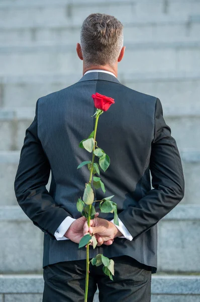 special occasion concept. back view of man with rose for special occasion. tuxedo man outdoor at special occasion.