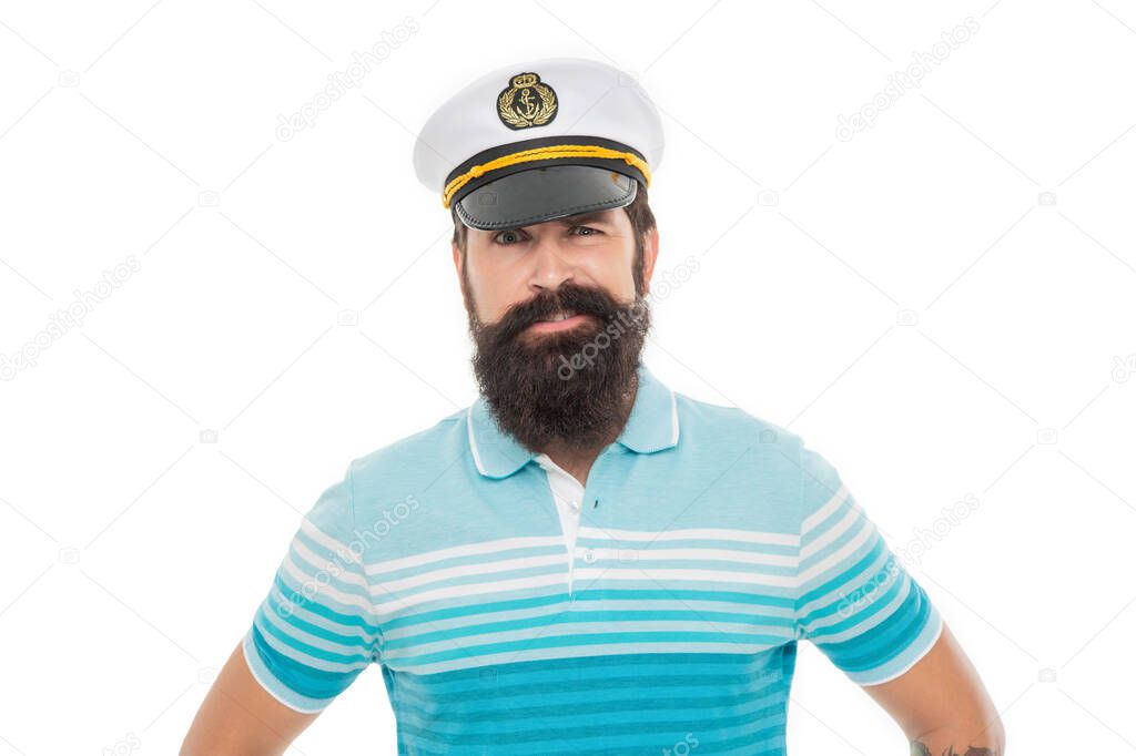 Worried man portrait. Bearded man wearing captain hat. Man sailor face with beard and mustache isolated on white.
