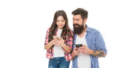 Trustful relations. Leading with trust. Interfering too much with privacy. Privacy concept. Man father and little girl daughter with smartphones. Monitoring can backfire. Let me see. Teens privacy.