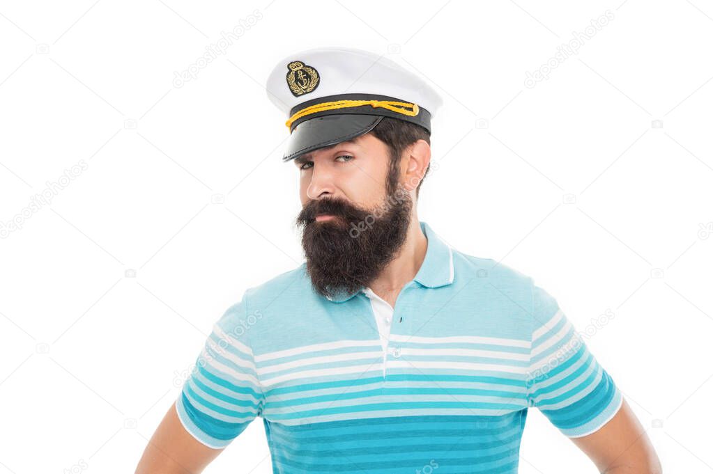 Bearded captain looking askance. Bearded man portrait. Bearded man wearing sailor cap isolated on white.