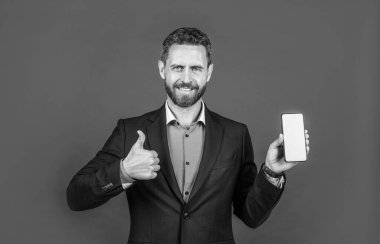 İş iletişimi. Başarılı erkek CEO. Güven ve başarı. Ofis çalışanı telefonu kullanır. Başparmağını kaldır. Takım elbiseli olgun sakallı iş adamı ürünü sunuyor. Kendine güvenen adam akıllı telefonu tutar..