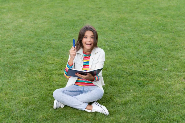 surprised teen girl making notes in notebook sitting on grass. taking notes. student make notes outdoor.