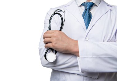 Medical man crop view. Doctor holding stethoscope for hospital diagnosis. Medic in white coat. Hospital care. Healthcare. Hospital service, copy space.