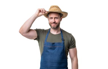 smiling caucasian man in hat and apron isolated on white background.