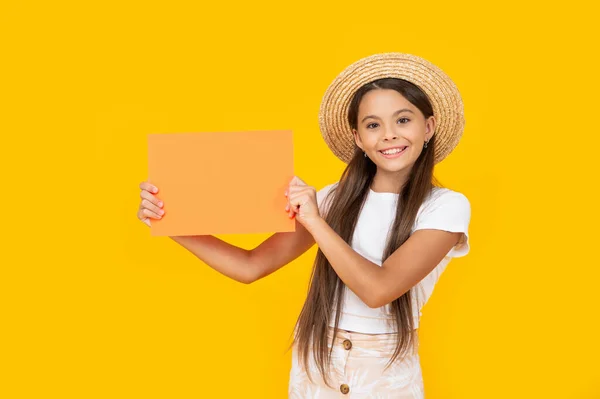 Cheerful Teen Girl Copy Space Orange Paper Yellow Background — Foto de Stock