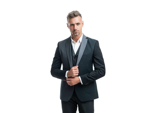 Confident Man Bridegroom Rich Tux Isolated White Background — Φωτογραφία Αρχείου