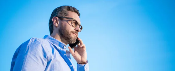 Communication Mature Man Glasses Talk Phone Man Talking Smartphone Man — Foto de Stock