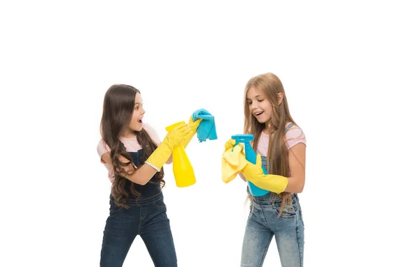 Girls Yellow Rubber Protective Gloves Ready Cleaning Household Duties Little —  Fotos de Stock