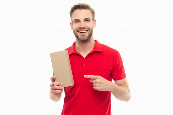 Happy Man Pointing Finger Cardboard Box Delivery Man Isolated White — стоковое фото
