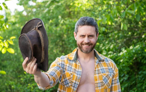 Glad Macho Man Cowboy Hat Macho Man Checkered Shirt Western — Stockfoto