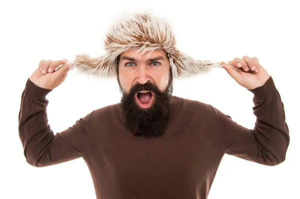 Mens Beauty Shouting Man Portrait Mature Man Beard Earflap Hat — 图库照片