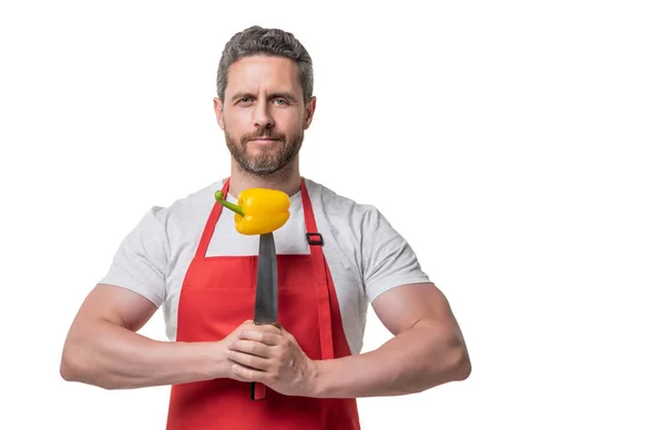 Man Cook Apron Sweet Pepper Vegetable Knife Isolated White Copy — Stockfoto