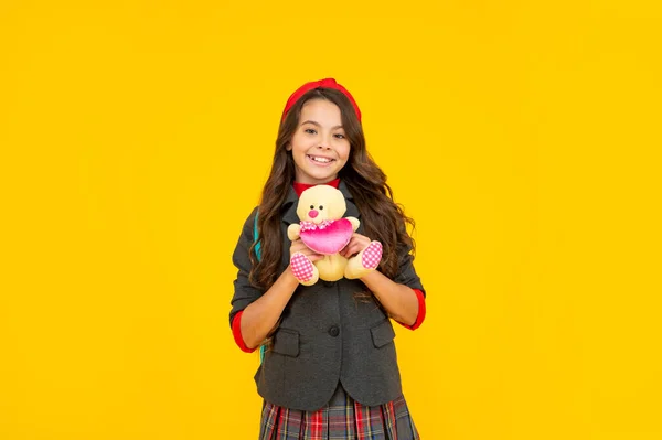 Happy Child Toy Cute Teen Girl Toy Bear Back School — ストック写真