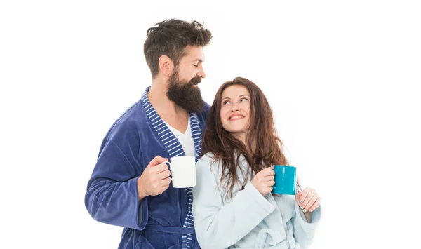 Family Day Home Couple Enjoy Lazy Weekend Drink Coffee Man — Zdjęcie stockowe