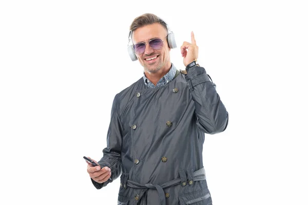 Happy Man Listening Music Pointing Finger Music Player Smartphone Mobile — Stockfoto