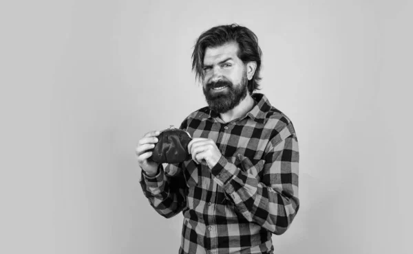 Conceito Pagamento Homem Bonito Brutal Com Bigode Cliente Maduro Com — Fotografia de Stock