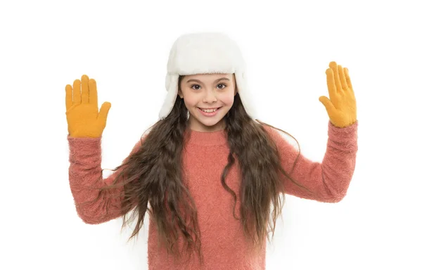 Get Ready Winter Holiday Artificial Earflap Hat Ittle Playful Girl — Zdjęcie stockowe