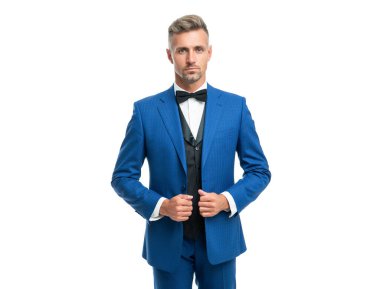 handsome man in bow tie blue suit. businessman isolated on white. gentleman in formal wear.