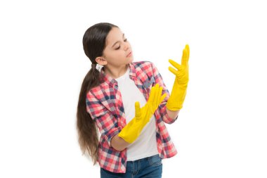 cares about house. wiping gloves for cleaning. small girl in cleaning gloves. quality service call. independent girl housekeeping isolated on white. harmless cleaning products. house cleaning service.