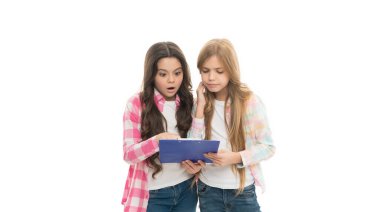 Bad school marks. We passed exam. Girls with school textbook white background. School concept. Interesting information. Happy exam results. Here are exam results. Girls cute pupils got results test.