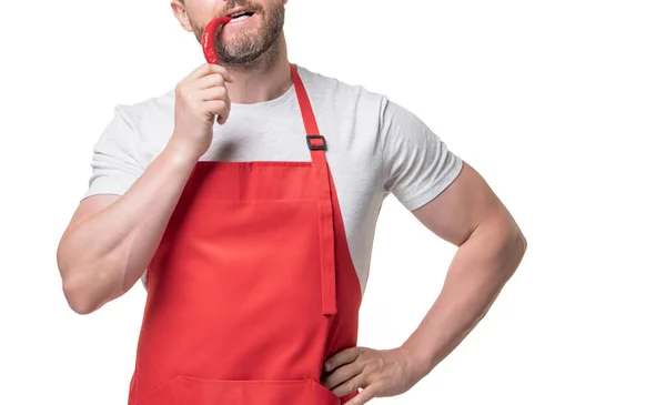 Cropped View Man Apron Bite Chili Vegetable Isolated White — 스톡 사진