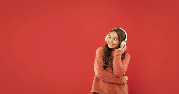 Happy Child Listen Music Headphones Kid Wear Sweater Express Positive — Foto Stock