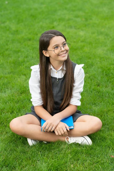 Happy Teenage School Girl Sitting Legs Crossed Grass School Education — Stock fotografie