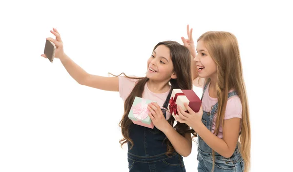 Private Selfie Shooting Adorable Little Girls Taking Birthday Selfie Pretty — Stock Photo, Image