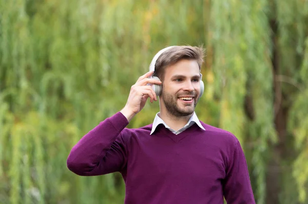 Positive Young Handsome Man Listen Music Headphones Outdoor — Foto de Stock