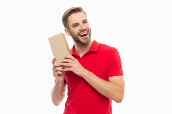 Happy Guy Holding Cardboard Box Delivery Guy Isolated White Package — стоковое фото