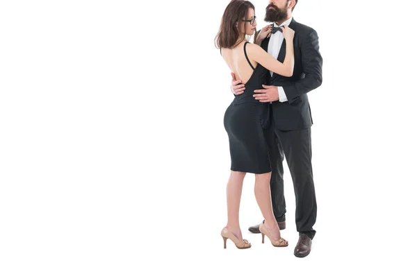 Pleased Each Other Woman Fix Bow Males Tuxedo Brutal Man — Φωτογραφία Αρχείου