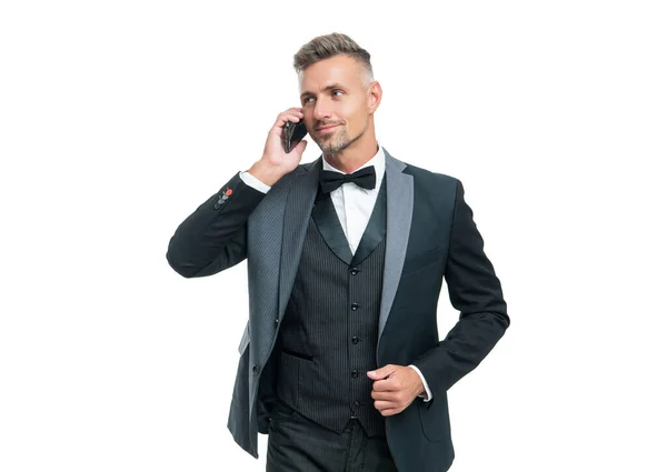 Smiling Man Tuxedo Speaking Smartphone Isolated White Background — Stockfoto