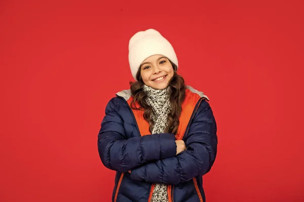 Portrait Child Wearing Warm Clothes Scarf Express Positive Emotion Winter — Fotografia de Stock